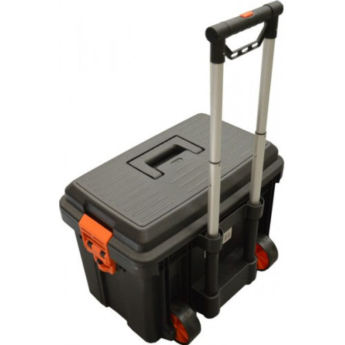 Durable 25" rolling toolbox with 170kg capacity, multiple compartments, and smooth wheels for easy transport of tools.