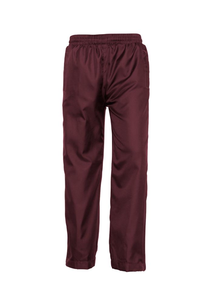 Kids maroon track pants, size 10, featuring elastic waist, side pockets, and leg zippers for comfort and style in active play.