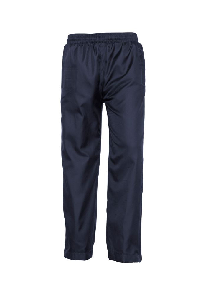 Kids Navy Flash Track Pants, size 14, featuring an elastic drawstring waist, multiple pockets, and convenient zippered legs for easy wear.