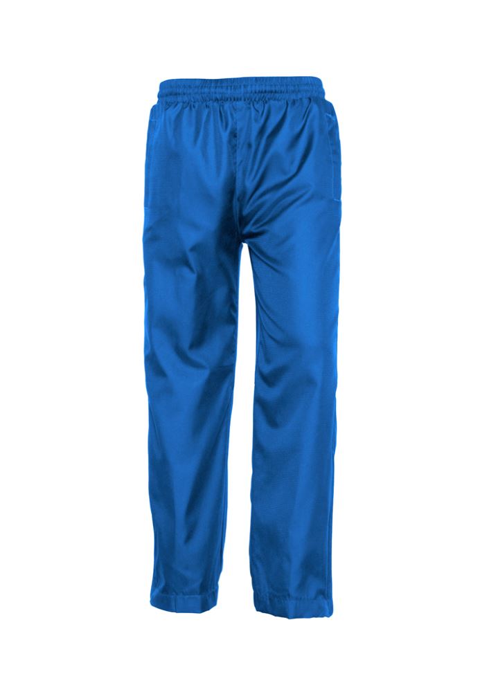 Kids' royal blue track pants featuring elastic waist, drawstring, pockets, and knee-height zippers for active play. Size 8.
