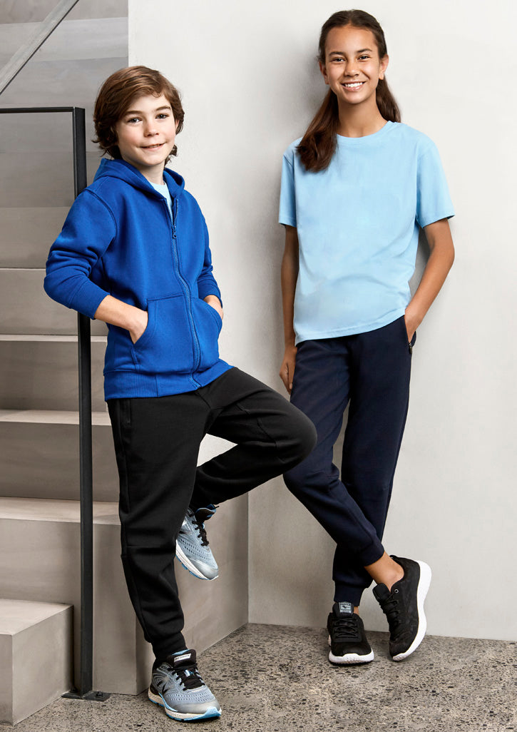 Kids Neo Pants in Black for age 8, featuring a soft waistband, zippered pockets, and slim leg design for stylish comfort.