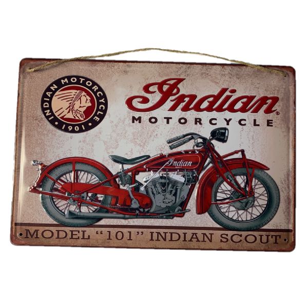 Metal wall art featuring a raised Indian Motorcycle design, ideal for motorcycle enthusiasts and home decor lovers.