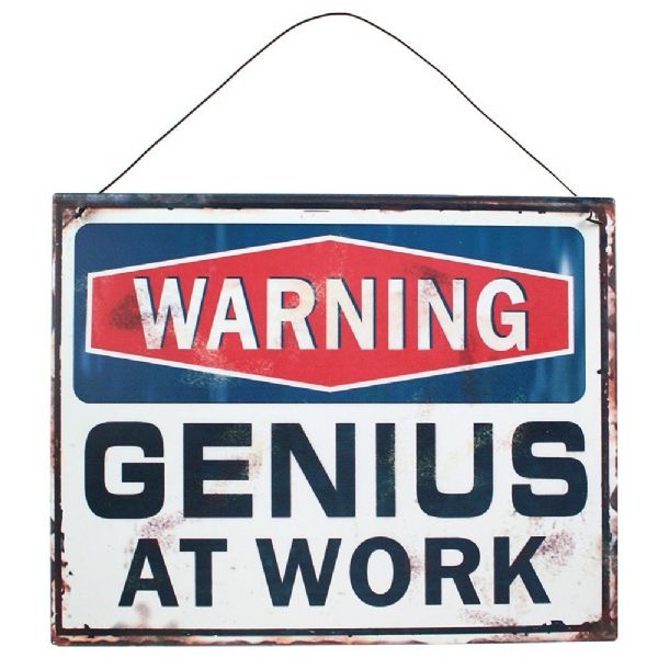Genius At Work raised metal wall art sign, 30x20 cm, adding playful inspiration to your workspace or home decor.
