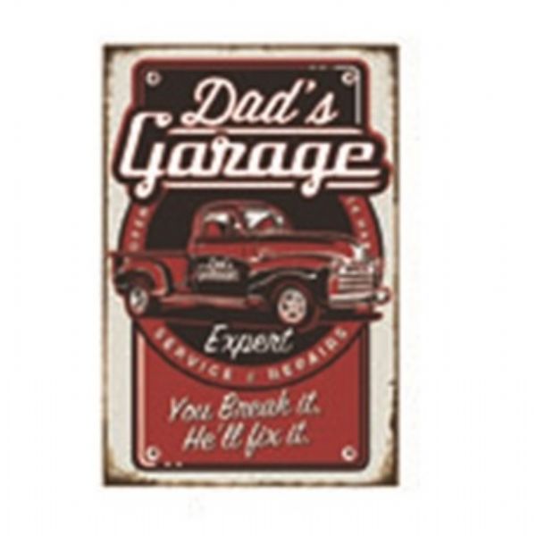 Raised metal wall art sign reading "Dads Garage," perfect for any car lover's space, measuring H:30 x W:20 cm.
