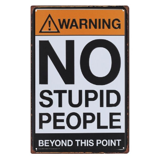 Metal wall art featuring a humorous 'No stupid people beyond this point' sign, ideal for garages and man caves.