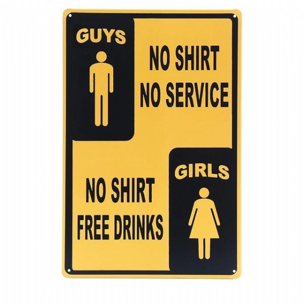 Humorous 'No Shirt No Service' raised metal wall art, 20x30cm, perfect for bars and unique home decor.