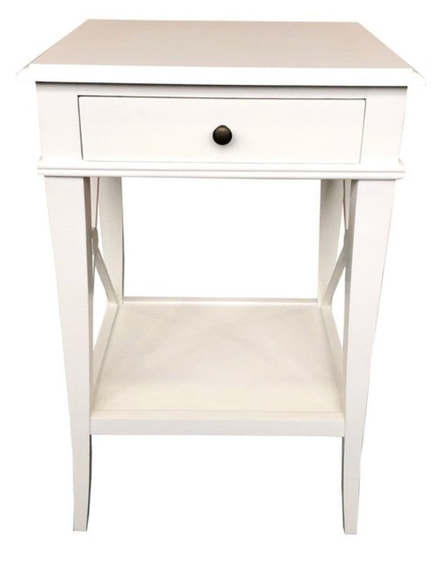 Elegant white poplar bedside table with a single drawer, perfect for adding country chic style to bedrooms.
