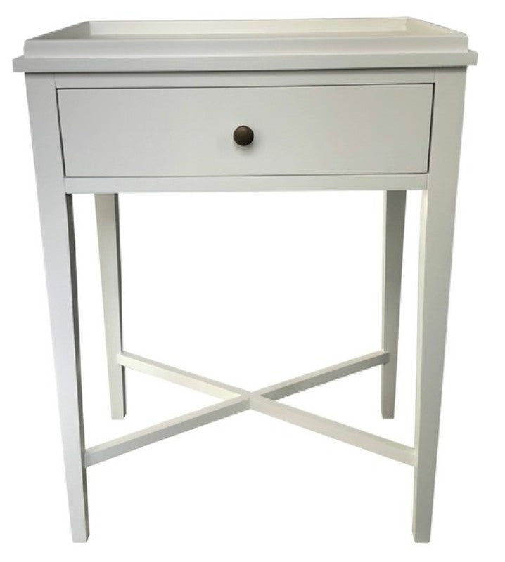 Elegant white bedside table with a single drawer, blending modern design and country charm, perfect for any bedroom decor.