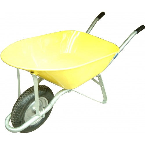 Bright yellow Tradies Barrow with 75L steel tray, 200kg capacity, heavy-duty frame for reliable hauling and transport.