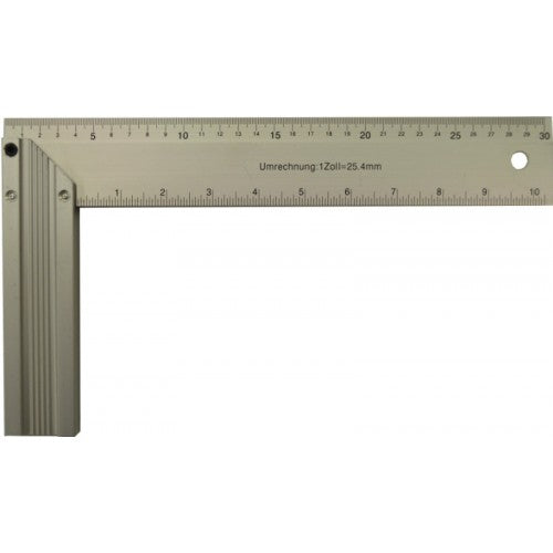 Tri & Mitre Square 30cm Aluminium with stainless steel rule and engraved graduations for precise 45° and 90° angle marking.
