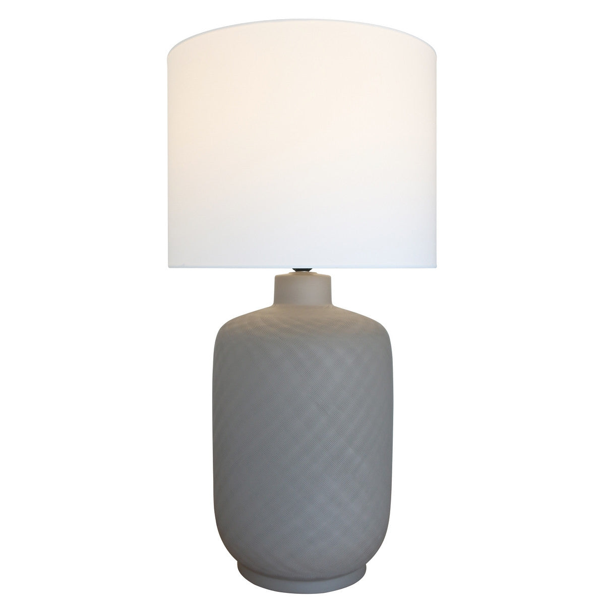 Brown ceramic lamp with white cotton shade, stylish design for any room, creating a warm ambiance and functional lighting.