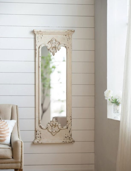 Distressed white wall mirror, 150cm tall, featuring ornate detailing for a vintage elegant look in any room.