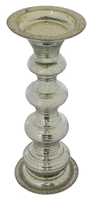 Elegant 37.5cm antiqued silver glass pillar candle holder with ribbed detail, perfect for creating a warm ambiance at home.