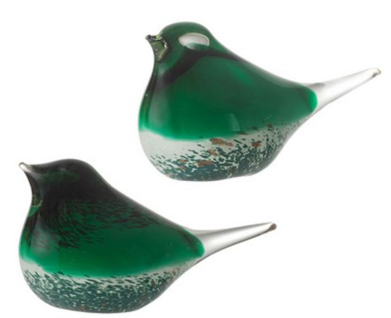 Set of 2 vibrant green glass birds, perfect for modern decor in living rooms or sunrooms.