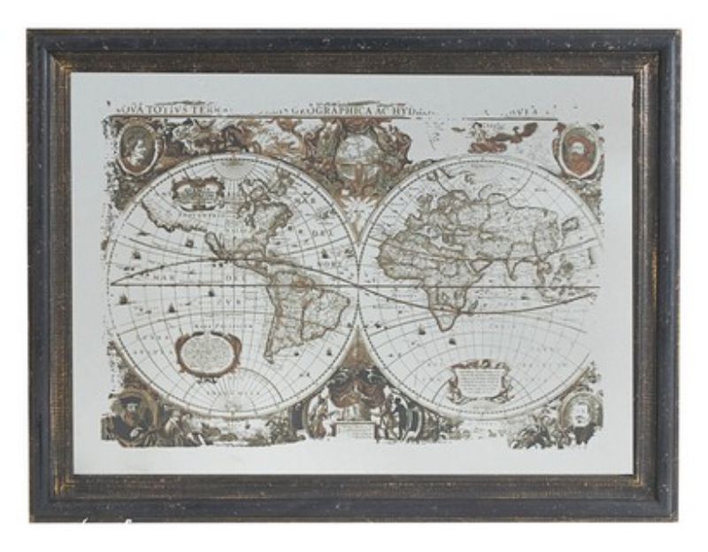 Mirrored world map wall art in a distressed dark frame, measuring 1060mm x 787mm, blending vintage elegance with modern decor.