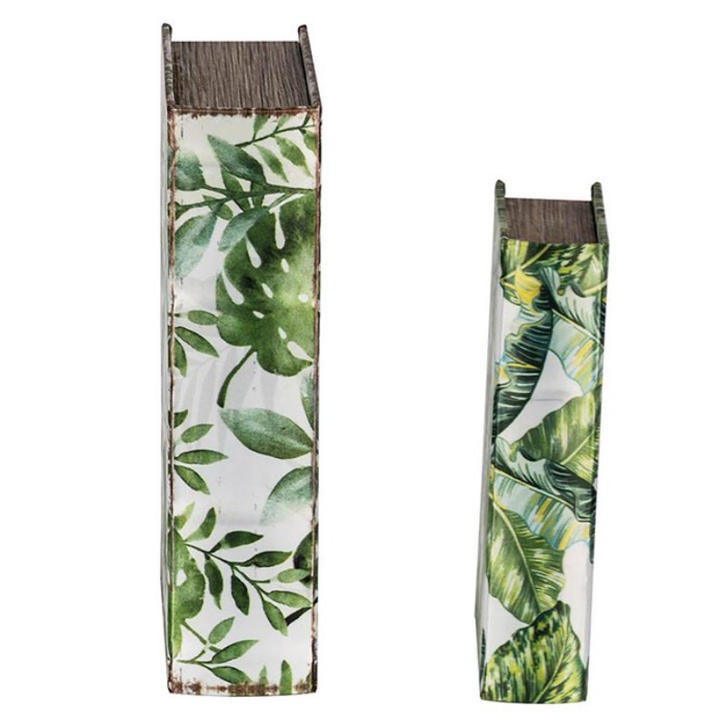 Botanical green and white book boxes set of 2, stylish storage with hidden compartments, perfect for home decor.