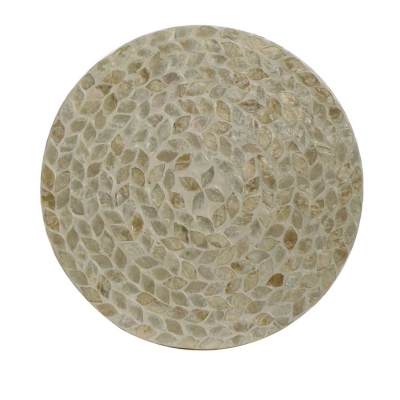 Geometric footstool with capiz inlay in tan and gold, serving as a stylish accent and functional side table.