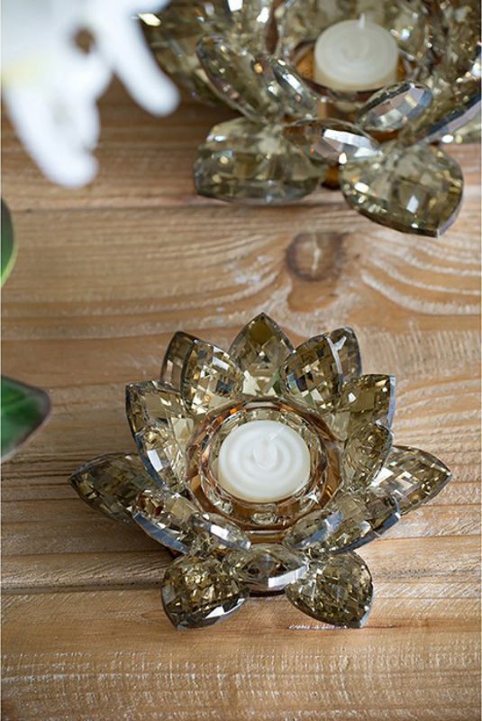 Elegant set of 2 lotus flower candle holders in gold shimmer, perfect for tea lights or small pillar candles.