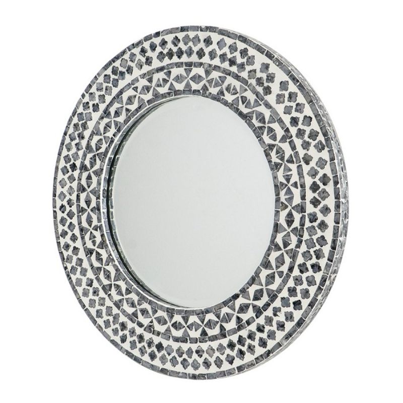 Round 61cm capiz shell mirror with iridescent finish, perfect for coastal or bohemian home decor.
