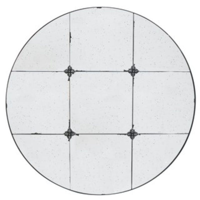 Round antique mirror (91cm) with intricately designed glass and resin flower corners, adding vintage charm to any space.