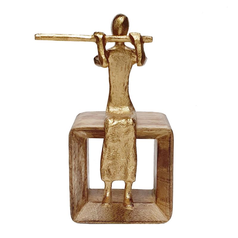 Gold musician figurine sculpture (21.5cm) on natural mango wood base, perfect for music lovers and elegant home decor.