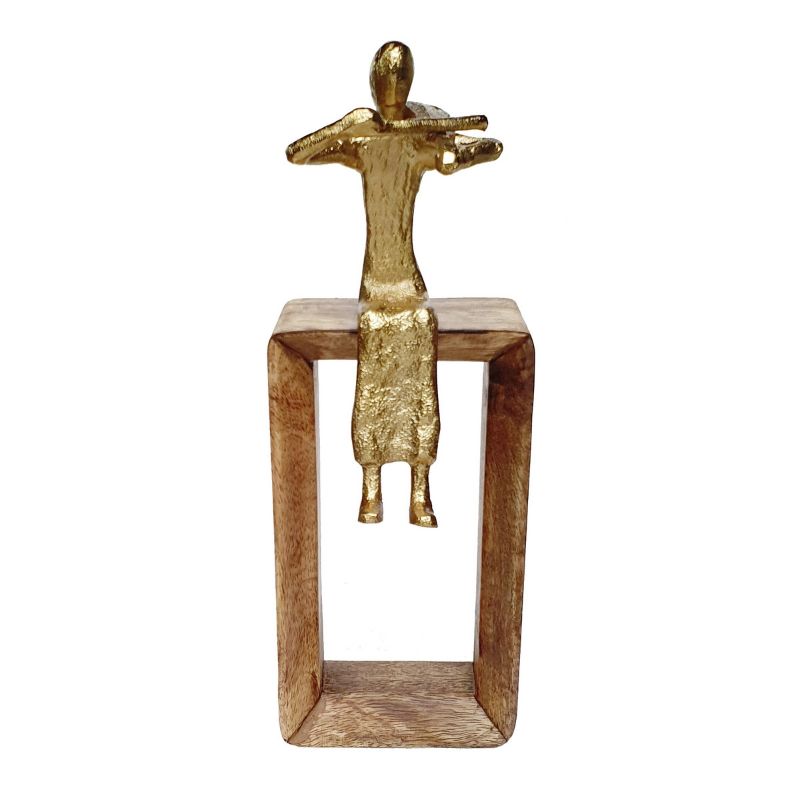 Elegant 31cm musician figure sculpture in gold, featuring a violinist on a rectangular mango wood base, perfect for music lovers.