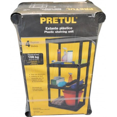 Durable 4-level plastic storage shelf with 108kg capacity, easy no-tool assembly for versatile organization.