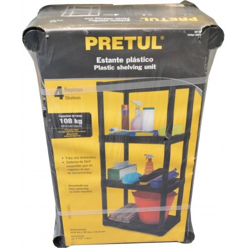 Durable 4-level plastic storage shelf with 108kg capacity, easy no-tool assembly for versatile organization.