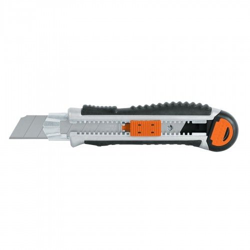 TRUPER Utility Knife with steel body, 25mm blade, ergonomic grip, and storage for 4 extra blades for tough cutting tasks.