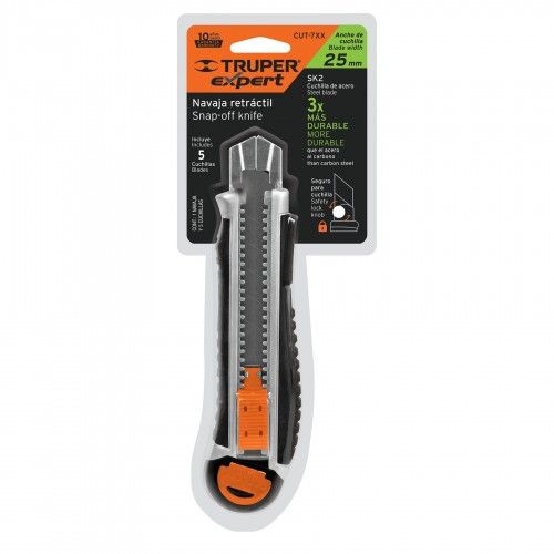 Heavy-duty TRUPER utility knife with steel body, 25mm wide blade, ergonomic grip, and storage for 4 extra blades.