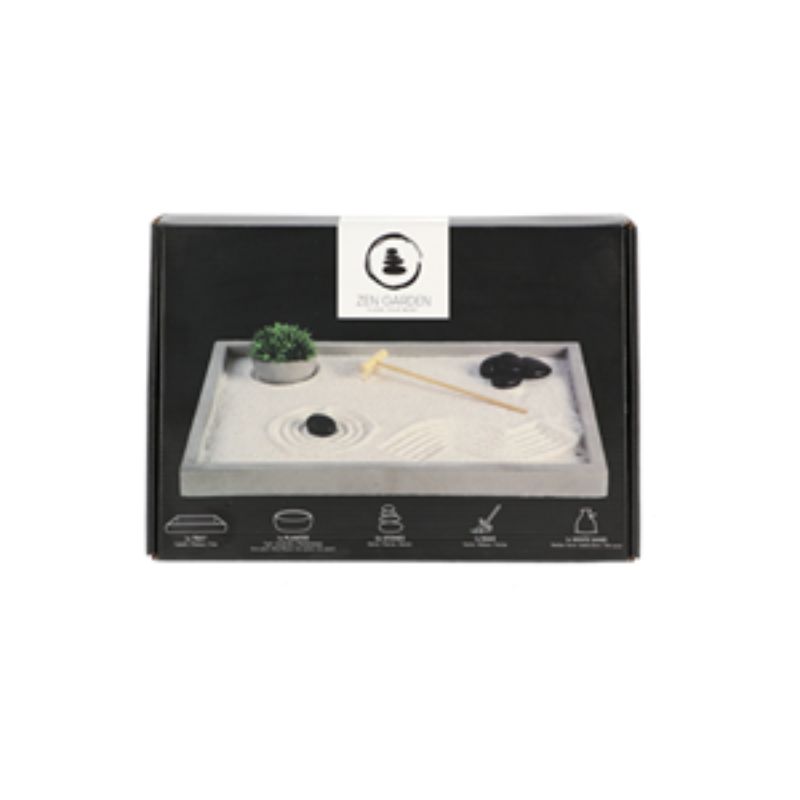 Rectangular Zen garden (22x30cm) with concrete tray, white sand, stones, bamboo planter, and wooden rake for mindfulness.