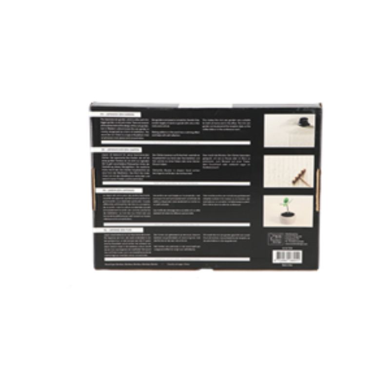 Elegant rectangular Zen garden (22x30cm) with sand, stones, bamboo planter, and rake for mindfulness and tranquility.