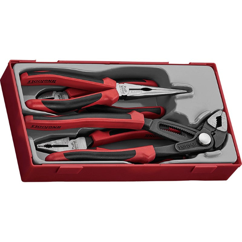 Teng 4pc Plier Set featuring TPR grips, including side cutting, combination, long nose, and water pump pliers in a TT1 tray.