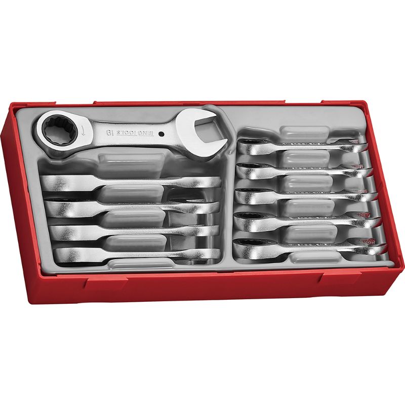 Teng 10pc Stubby Ratchet Combination Spanner Set featuring short spanners, 72 teeth, and Hip Grip technology for tight spaces.