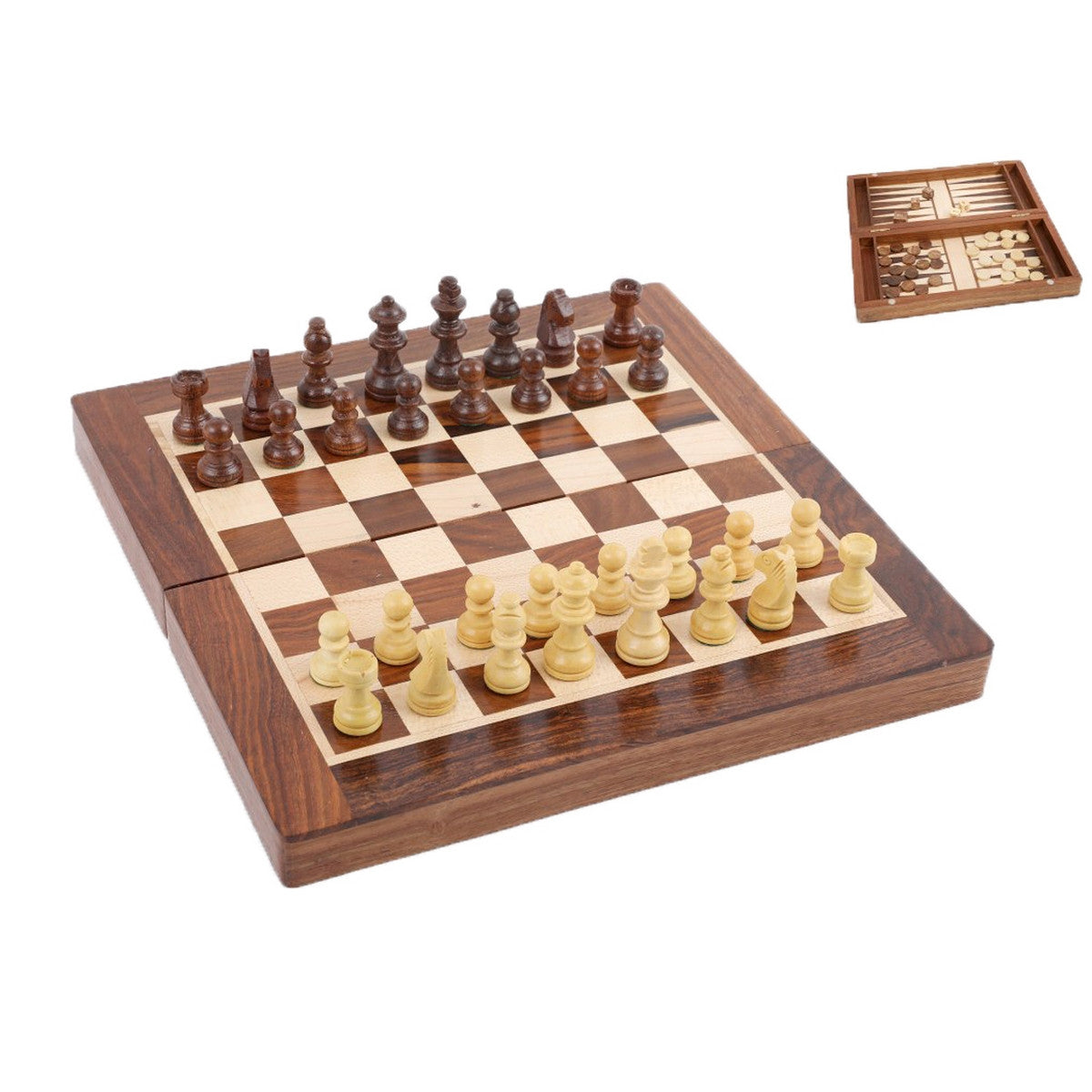 Elegant wooden chess and backgammon set with carved pieces, perfect for strategy lovers and home decor.