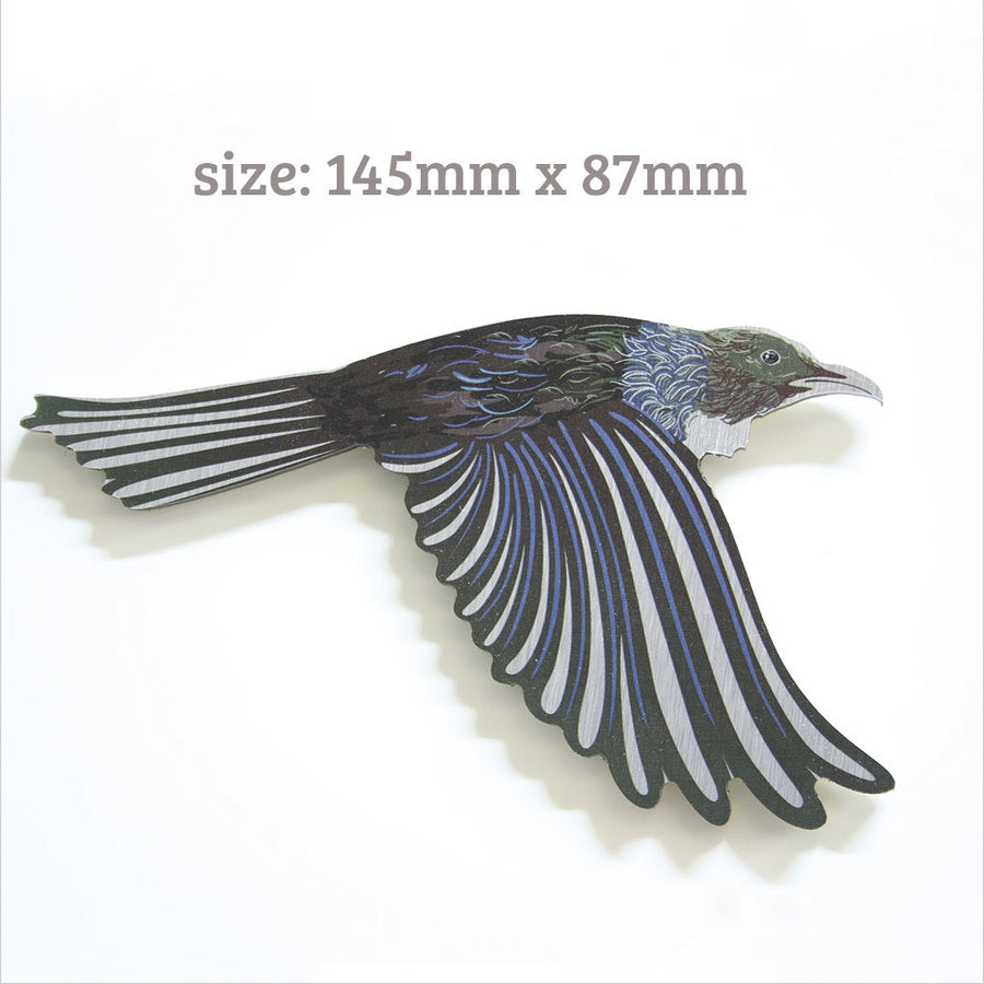 Five intricately designed tui birds in vibrant colors on durable ACM wall art, perfect for indoor and outdoor decor.