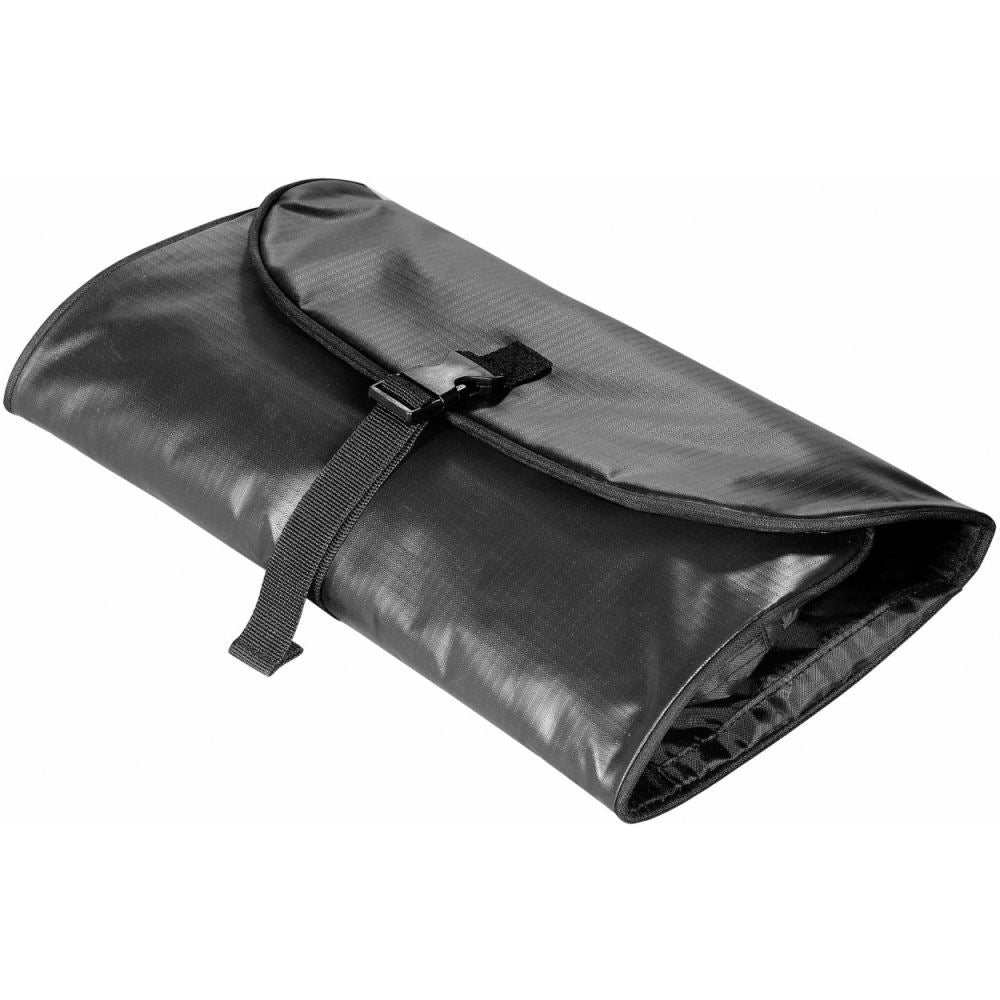 Lightweight and stylish toiletry bag with multiple zippered pockets and security buckles for organized travel.