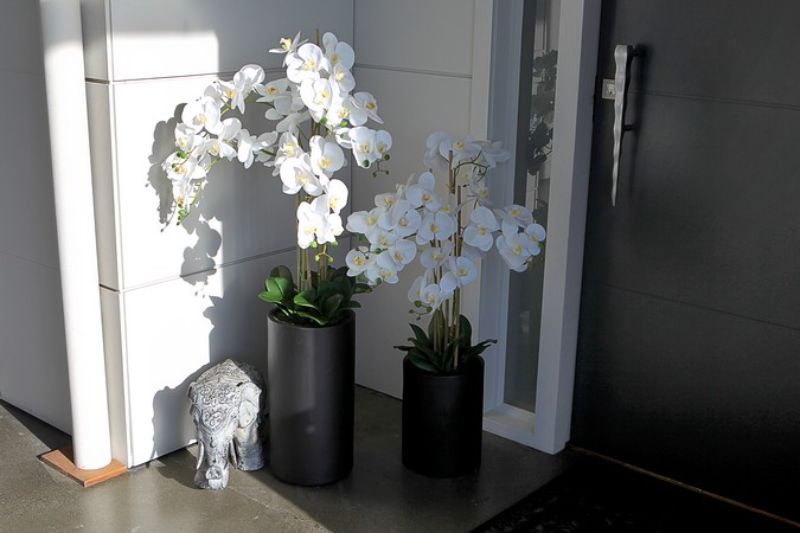 Lifelike white artificial orchid spray in a black pot, 105cm tall, perfect for elegant home decor and allergy-friendly styling.