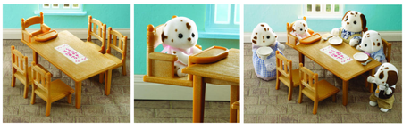 Family Table and Chairs set from Sylvanian Families featuring a table, four chairs, and a detachable baby seat for imaginative play.