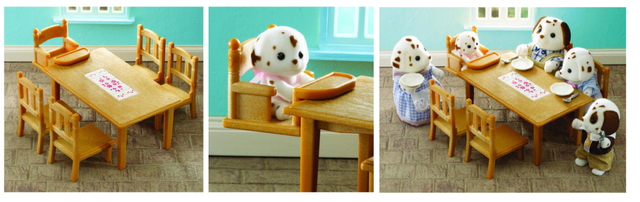 Family Table and Chairs set from Sylvanian Families featuring a table, four chairs, and a detachable baby seat for imaginative play.