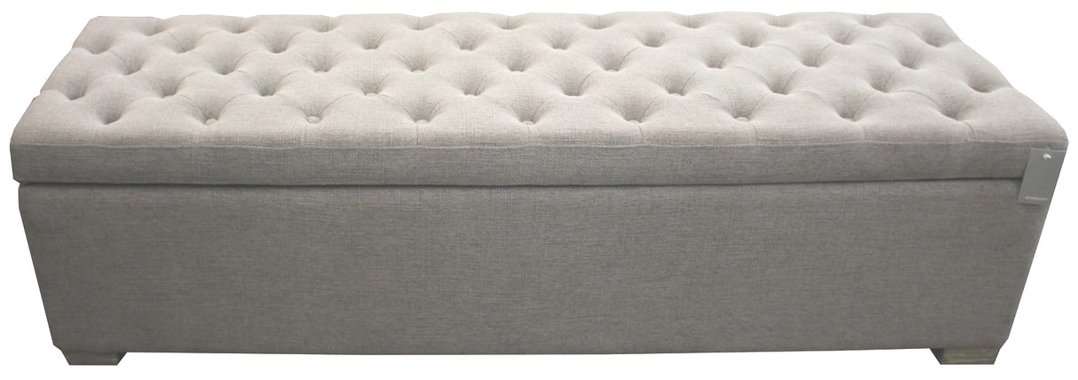 Grey linen blanket box ottoman with metal handles, offering stylish storage and versatility for modern bedrooms.