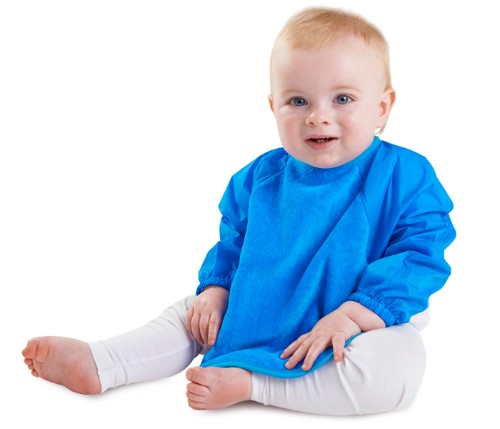 Teal Sleeved Wonder Bib for kids, featuring absorbent cotton, waterproof backing, and full-sleeve coverage for mess-free meals.
