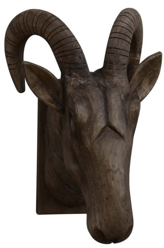Rams Head Wall Sconce in solid timber, 34cm, featuring intricate carved details for rustic charm and practical lighting.