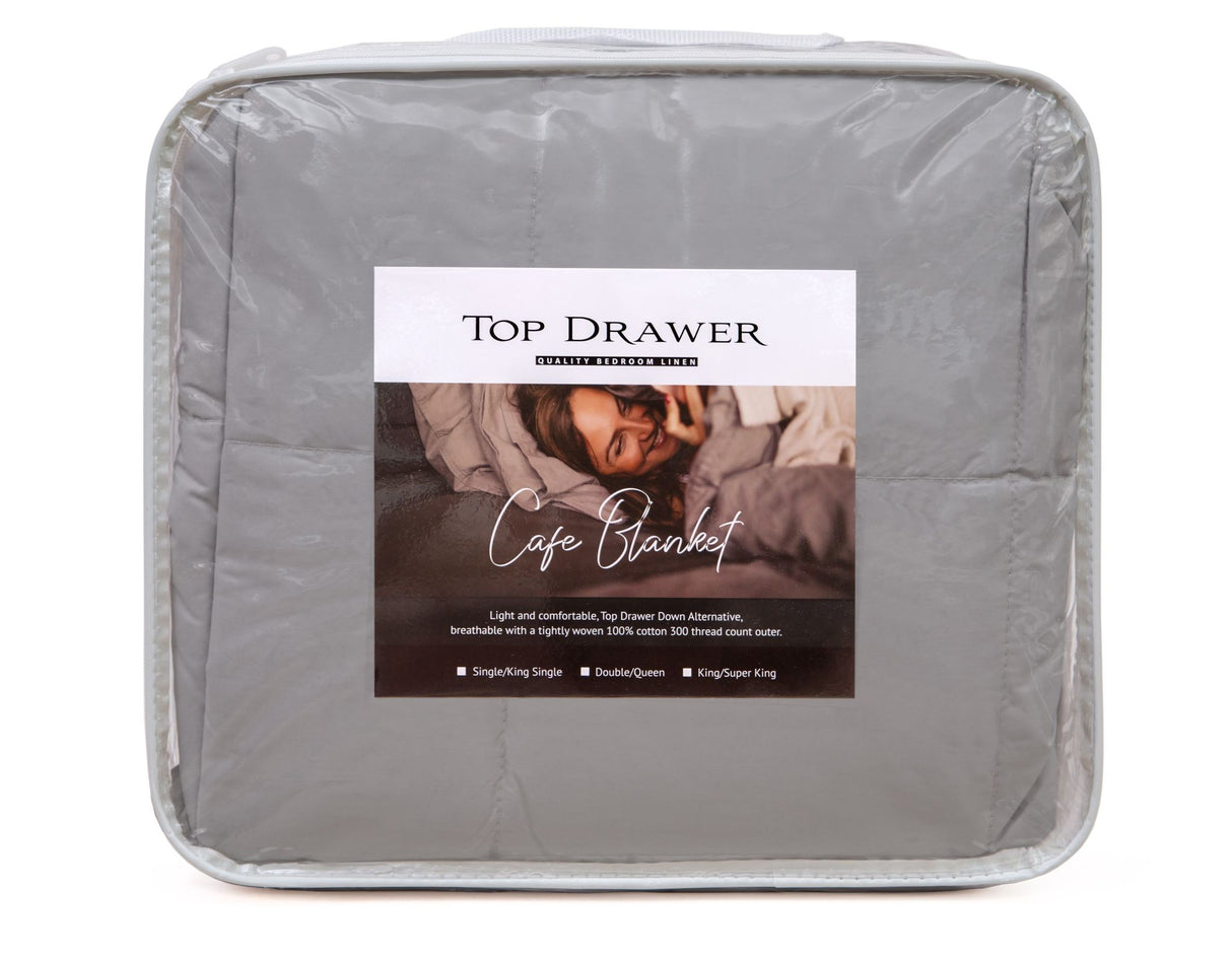 Luxurious silver Café blanket for King/Super King beds, 100% cotton, lightweight down alternative, machine washable.