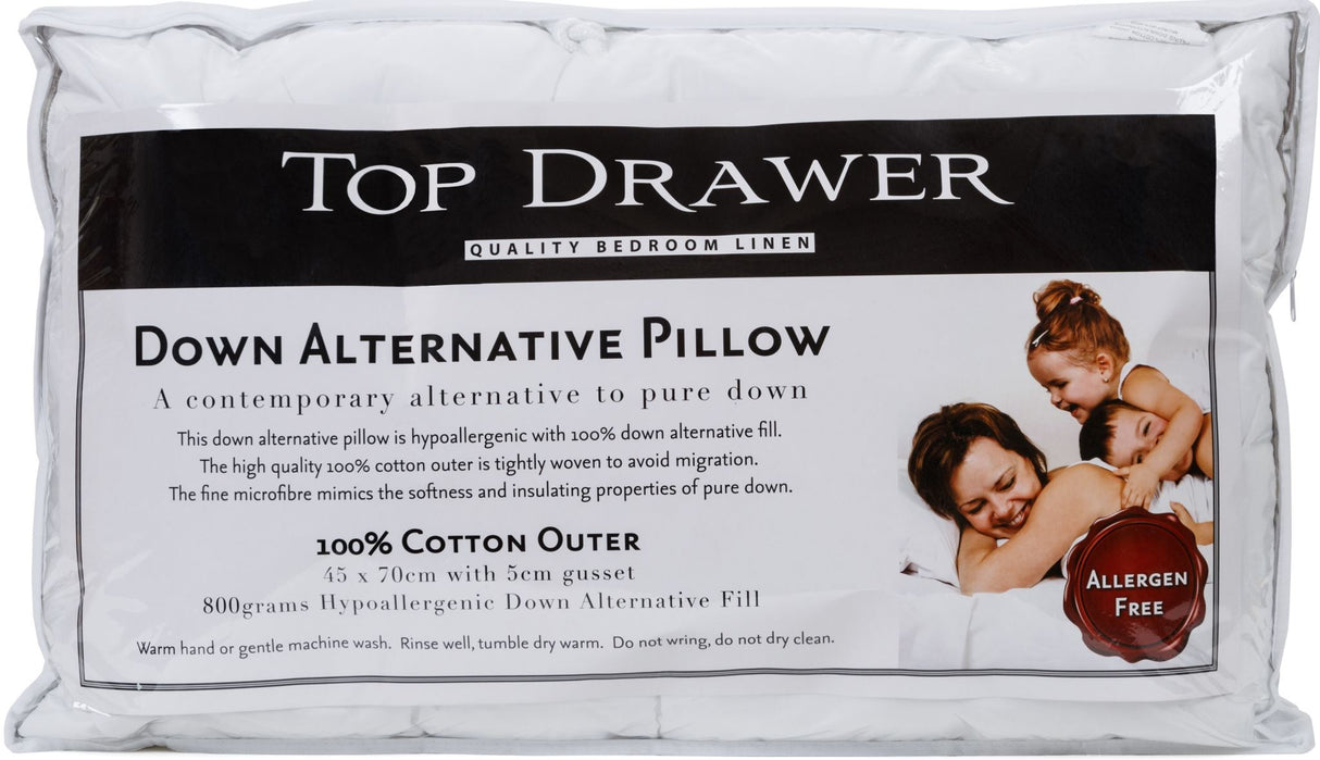 Hypoallergenic down alternative pillow with microfibre fill, 45x70cm size, and 5cm gusset for ultimate comfort and support.