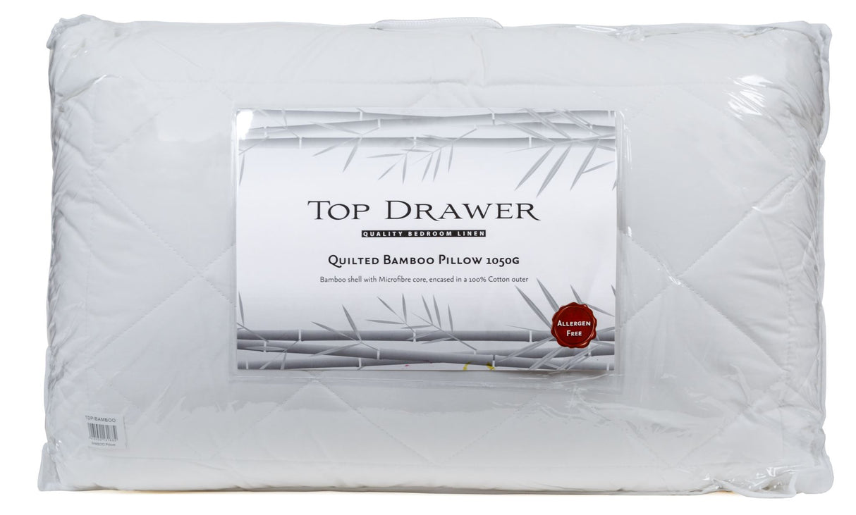 Bamboo Pillow by Top Drawer, 950g, featuring breathable cover and memory foam for optimal support and comfort.