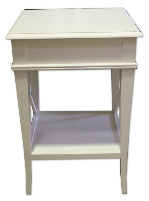 Elegant white poplar bedside table with one drawer, blending country chic and classic design for versatile bedroom decor.