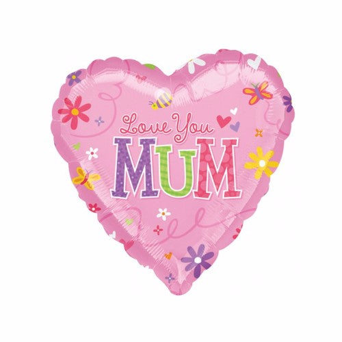 Vibrant 45cm foil balloon with "Love You Mum" message, perfect for Mother's Day celebrations and heartfelt gifts.