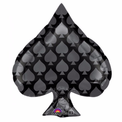 Junior Shape Black Spade Casino Party balloon, 55cm x 45cm, self-sealing foil designed for elegant casino-themed celebrations.