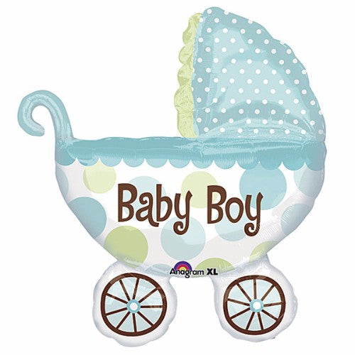 Adorable flat baby boy buggy foil balloon, perfect for baby showers and birthdays, easy to inflate, durable design.